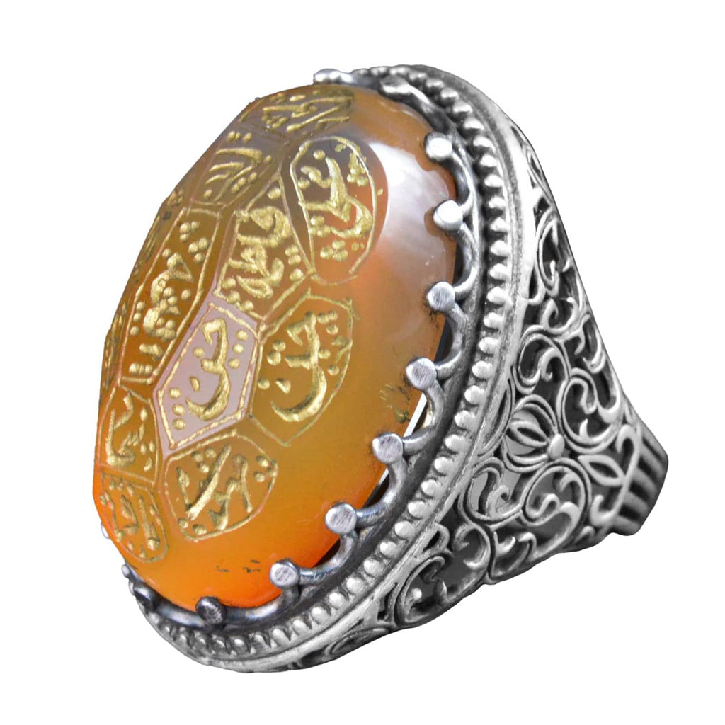 Natural Agate Islamic Calligraphy Ring - 925 Sterling Silver Handmade Men's Ring