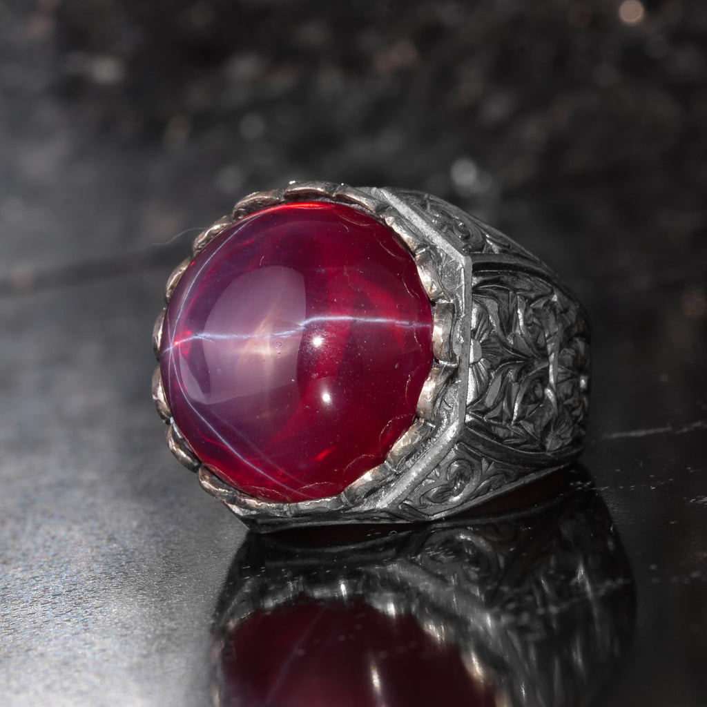 KAMBO Star Ruby Stone Men's Ring 925 Sterling Silver – Round Red Stone Ring – Handmade Classic Vintage Jewelry — 5