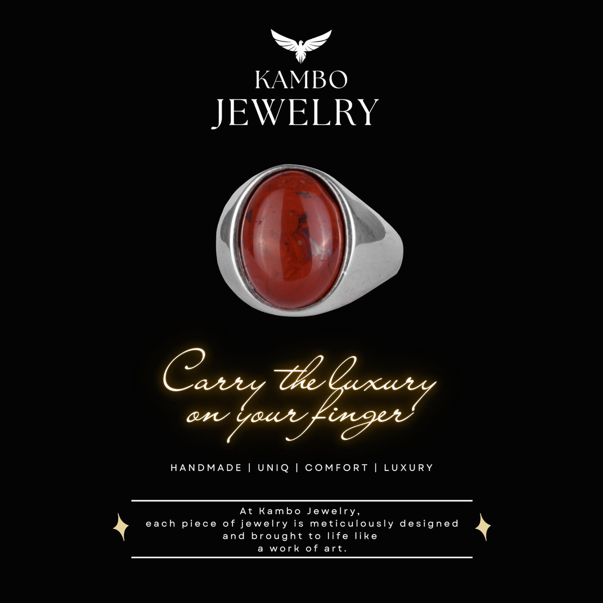 KAMBO Natural Men's Ring – 925 Sterling Silver Minimalist Oval Stone Ring – Handmade Classic Statement Jewelry (Red Bloodstone) — 8