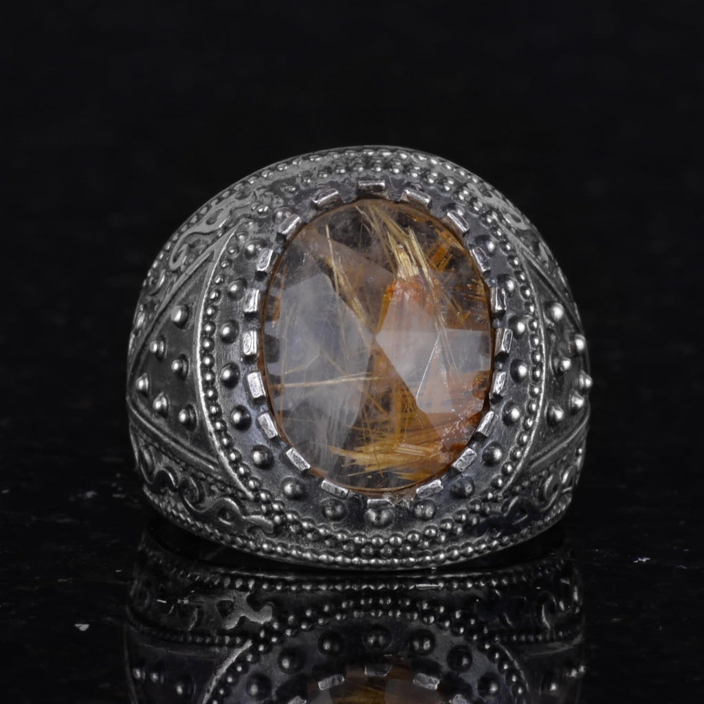 Natural Stone Ring, 925 Sterling Silver Men's Ring (Rutilated Quartz) — 4