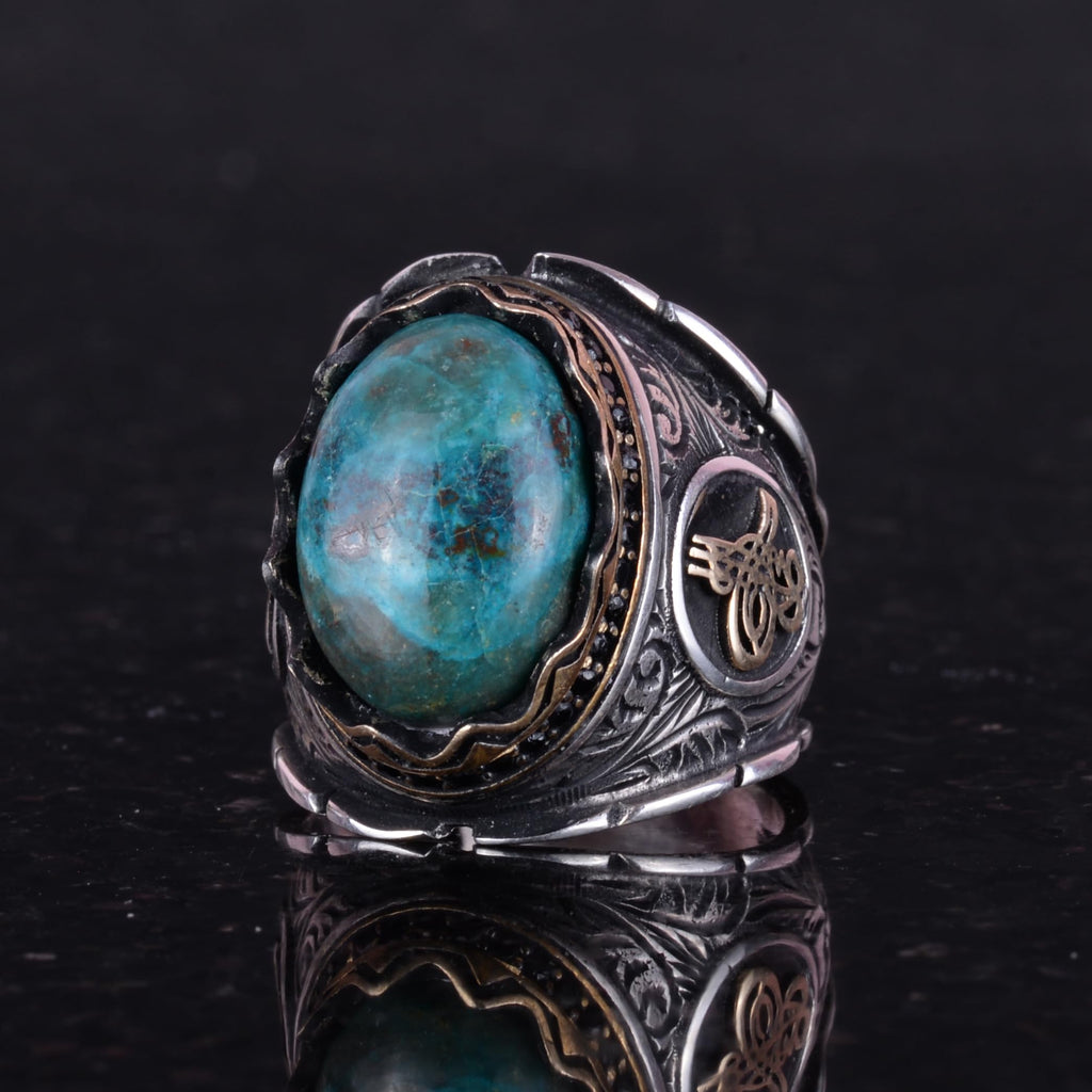 Natural Krysokolla Stone Ring - Ottoman Tugra Silver Ring — 5