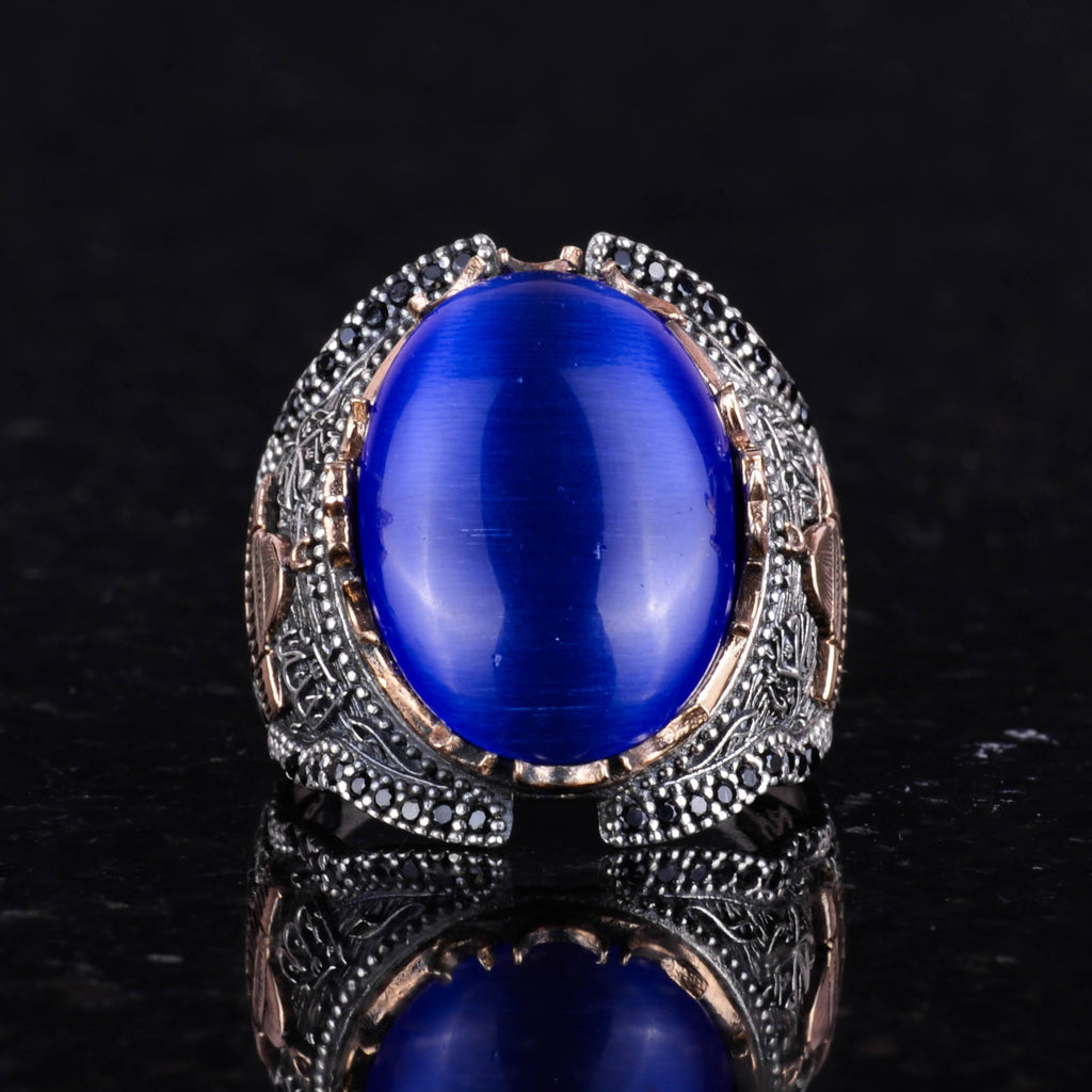Blue Cat's Eye Stone Ring, 925 Sterling Silver — 5