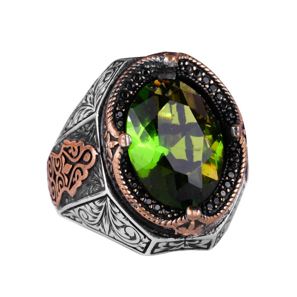 Green Synthetic Stone Ring, 925 Sterling Silver Design Ring, Silver Men's Ring