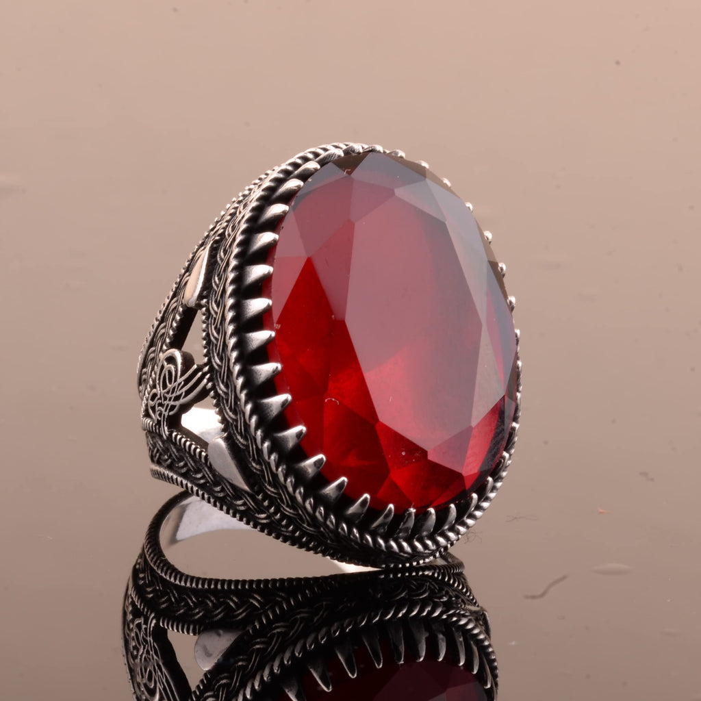 925 Sterling Silver Men's Ottoman Seal Ring, Artificial Garnet Stone — 5