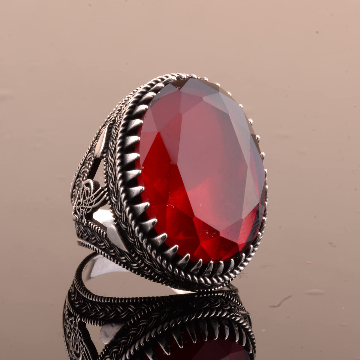 925 Sterling Silver Men's Ottoman Seal Ring, Artificial Garnet Stone — 5