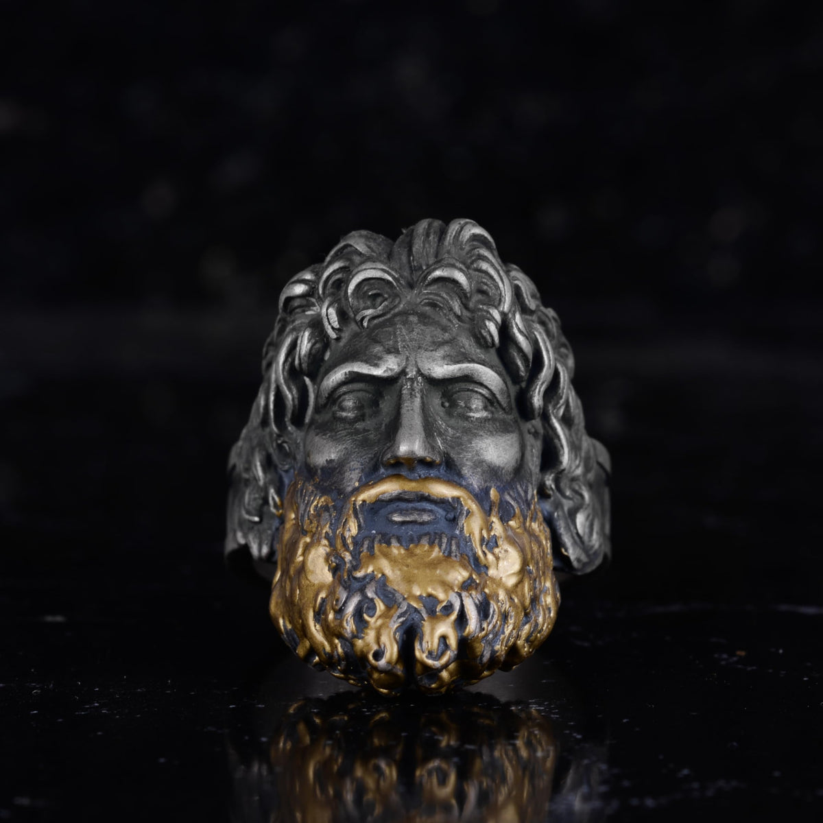 KAMBO Zeus Head Men's Ring – 925 Sterling Silver Gold Plated Beard Design – Handmade Greek God Mythology Jewelry – Thick Artisan Statement Ring — 4