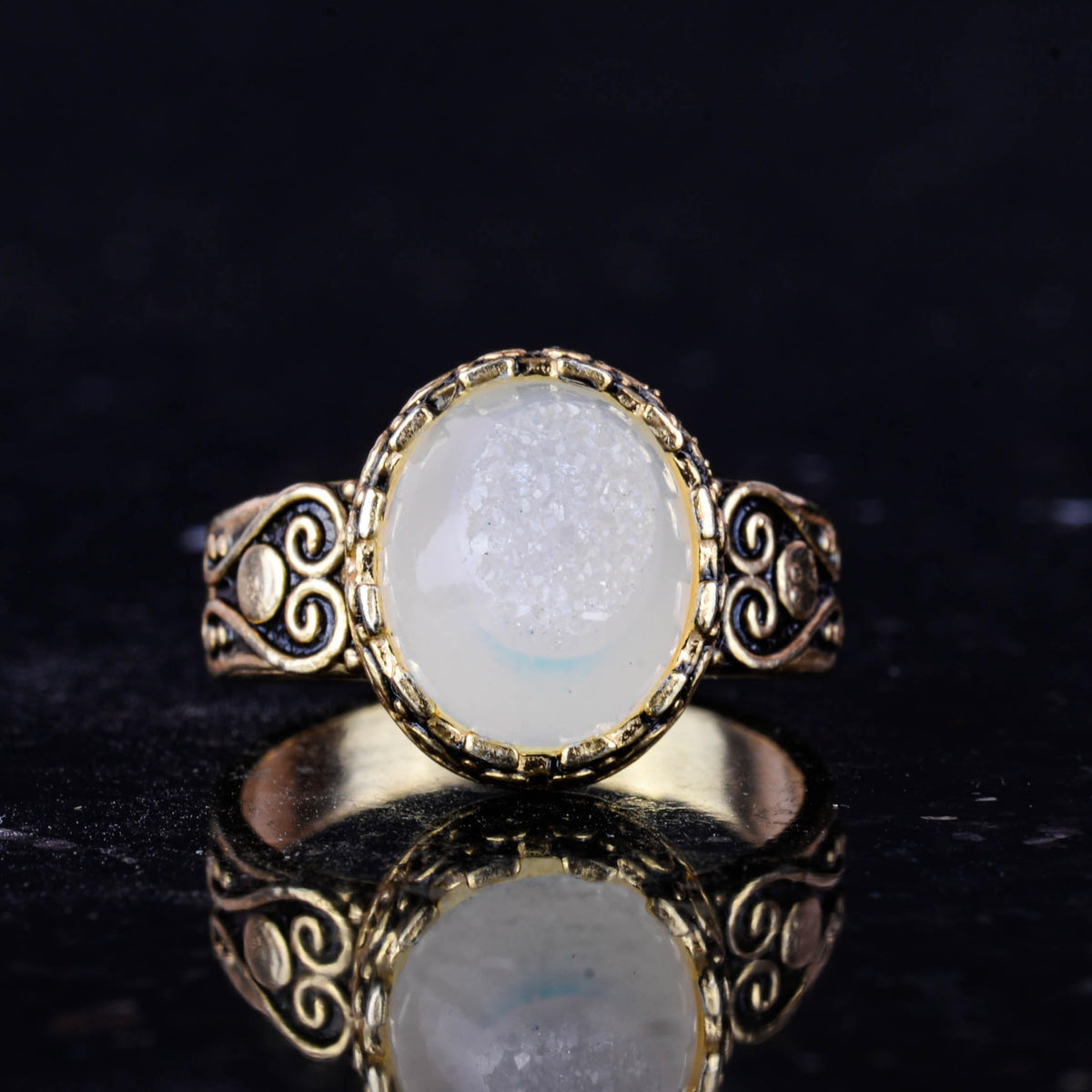 925 Sterling Silver Ring, Natural Druzy Quartz Stone, Handmade Women's Ring (White) — 4