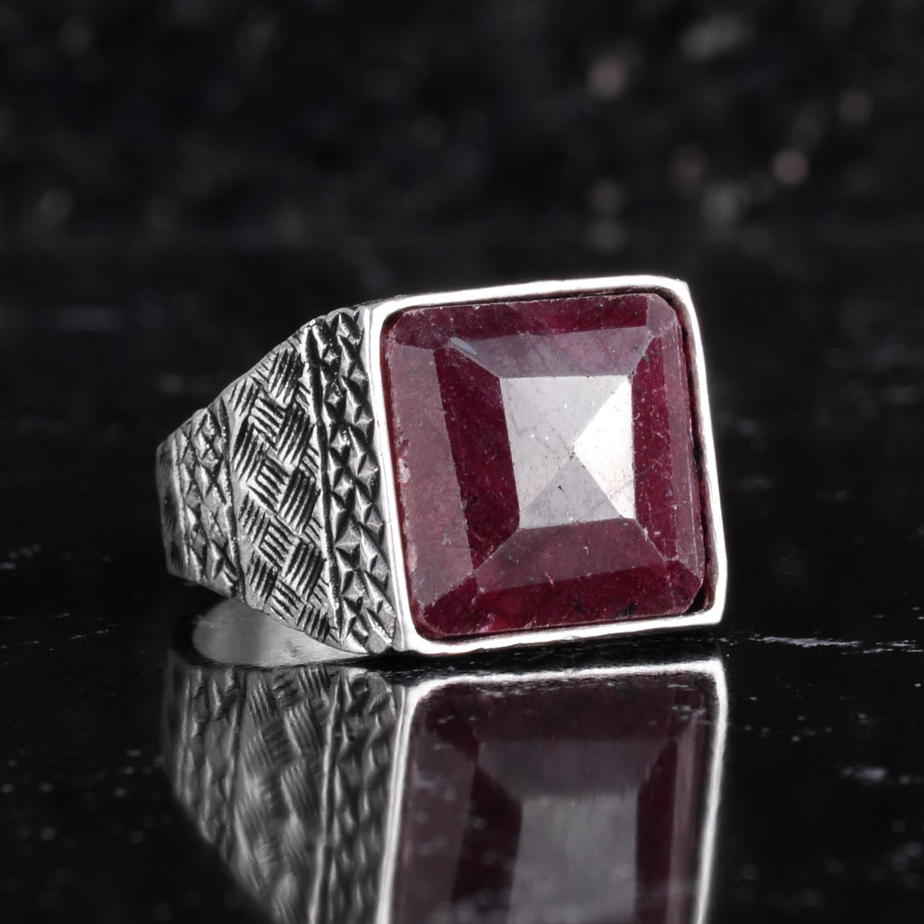 KAMBO Natural Stone Men's Ring 925 Sterling Silver Square Stone Handmade Statement Ring Unique Masculine Jewelry (Ruby) — 6