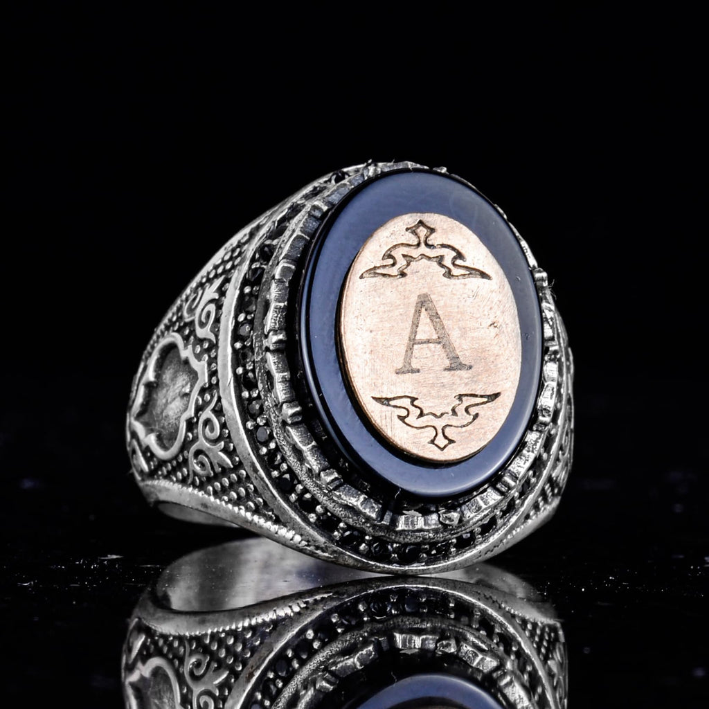 Customizable Monogram Onyx Stone Ring - 925 Sterling Silver — 4