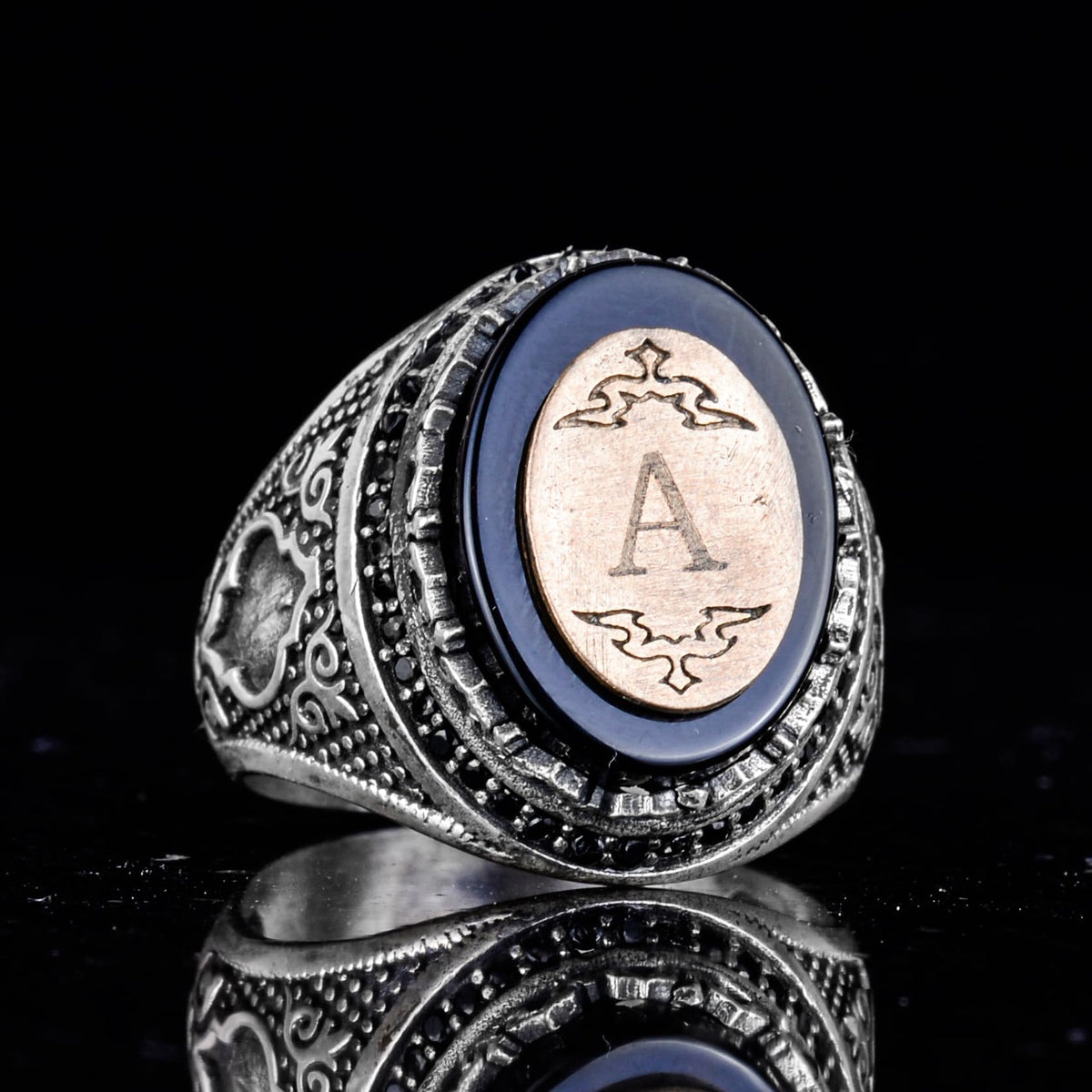 Customizable Monogram Onyx Stone Ring - 925 Sterling Silver — 4