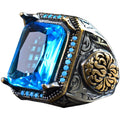 925 Sterling Silver Men's Ring, Artificial Aquamarine Stone and Fine Detailed Design