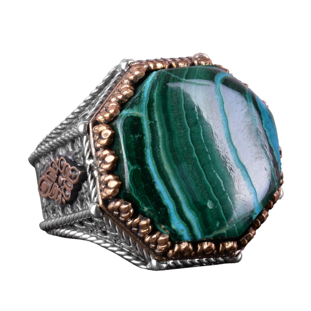 Natural Stone Ring - Octagonal Design - Handcrafted 925 Sterling Silver (Chrysocolla)
