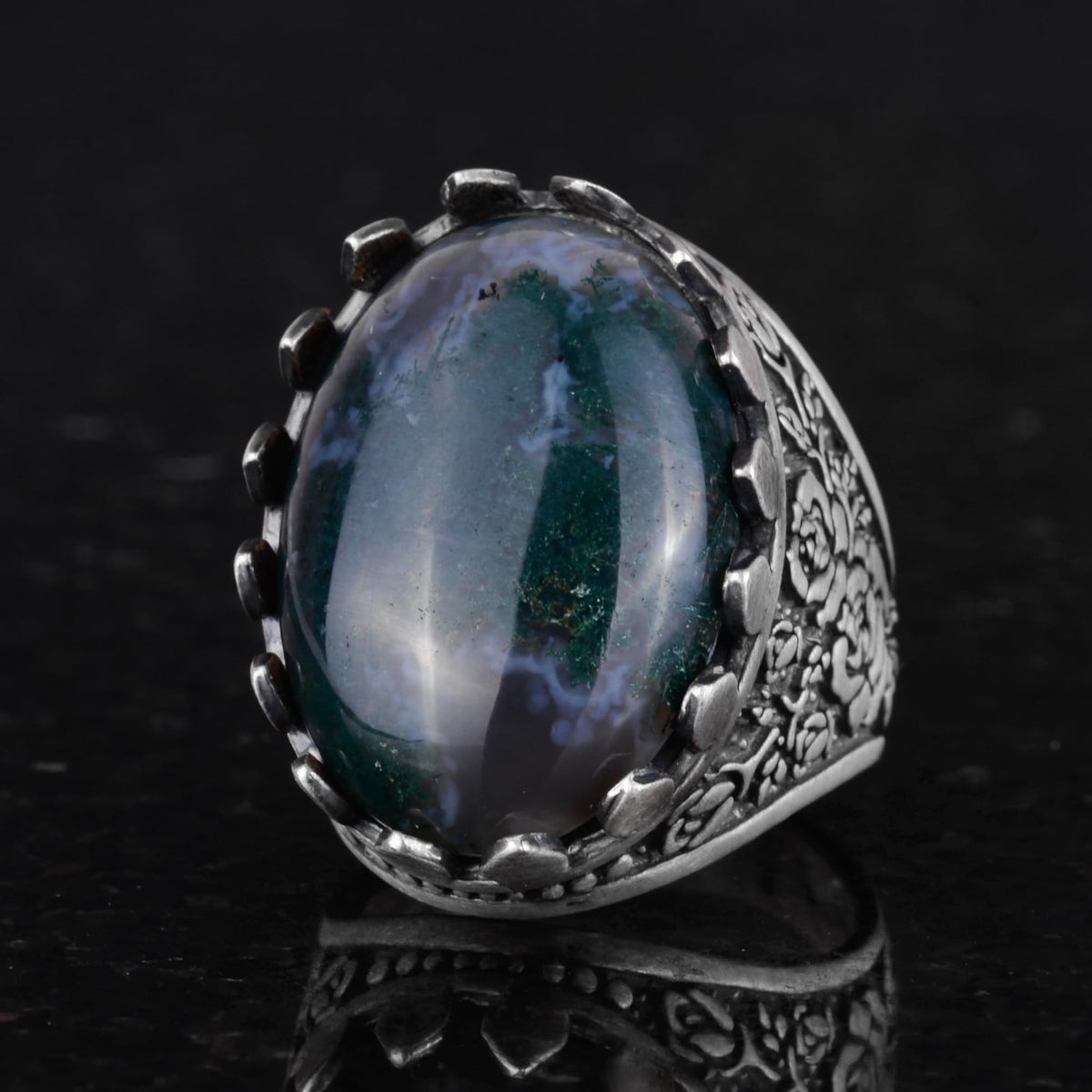 Natural Mossy Agate Stone Ring - Rose Pattern Ring - 925 Sterling Silver Ring — 6