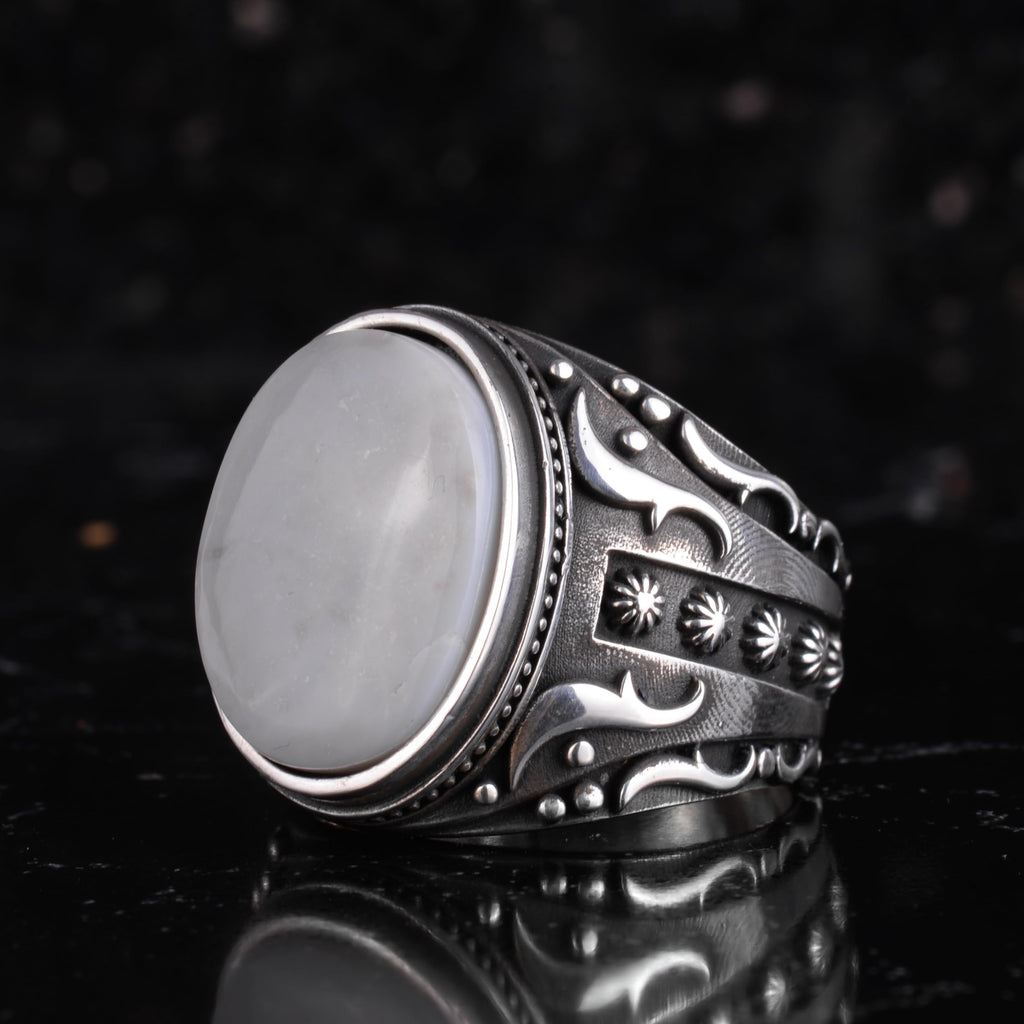 KAMBO Certified Natural Opal Stone Men's Ring 925 Sterling Silver – Ottoman Style Engraved Pattern Oval Opal Handmade Jewelry — 4