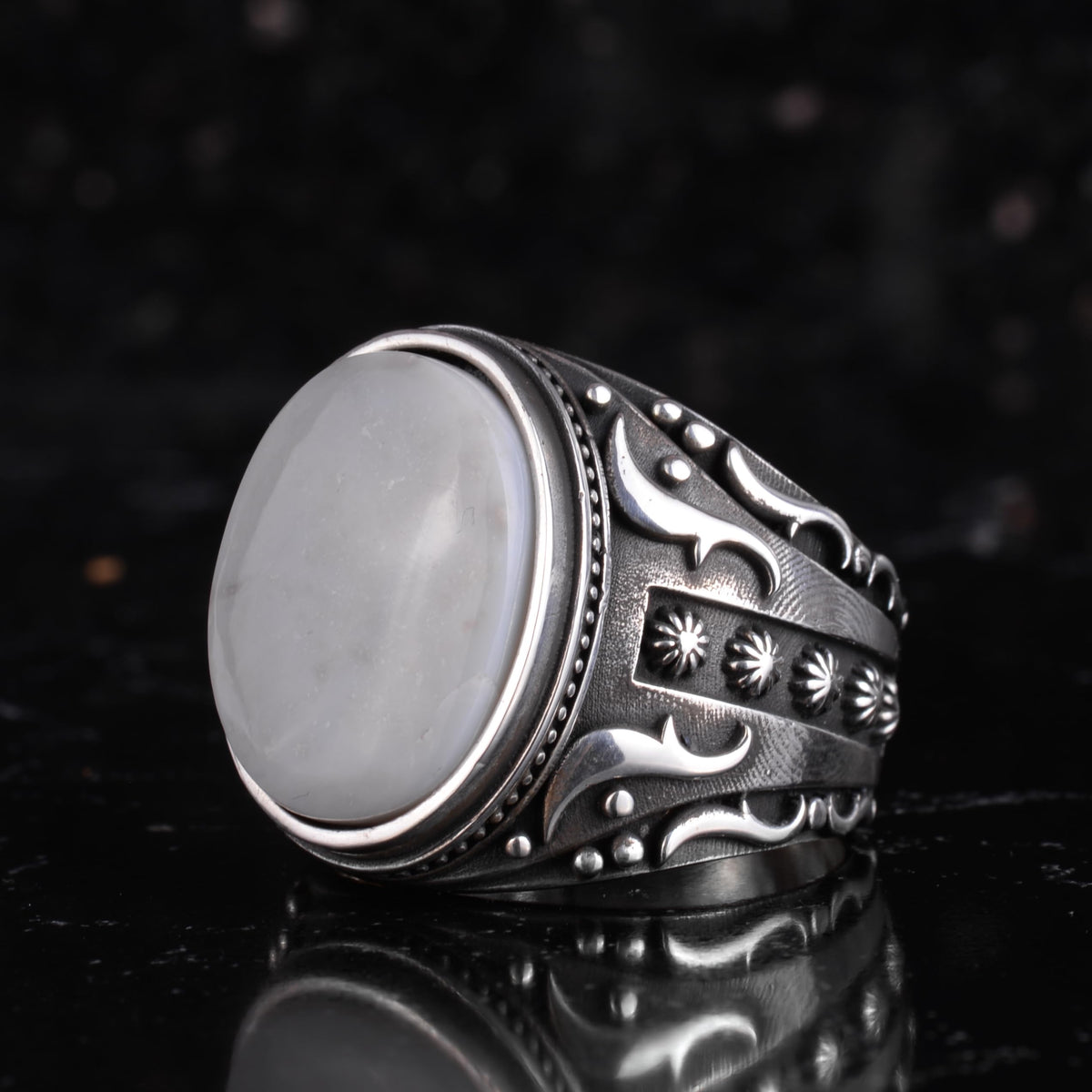 KAMBO Certified Natural Opal Stone Men's Ring 925 Sterling Silver – Ottoman Style Engraved Pattern Oval Opal Handmade Jewelry — 4
