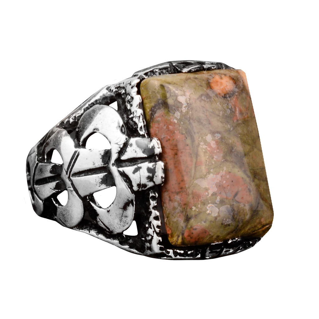 KAMBO Genuine Unakite Real Natural Stone Men's Ring, Handmade Ring, 925 Sterling Silver Ring, Men's Birthstone Ring