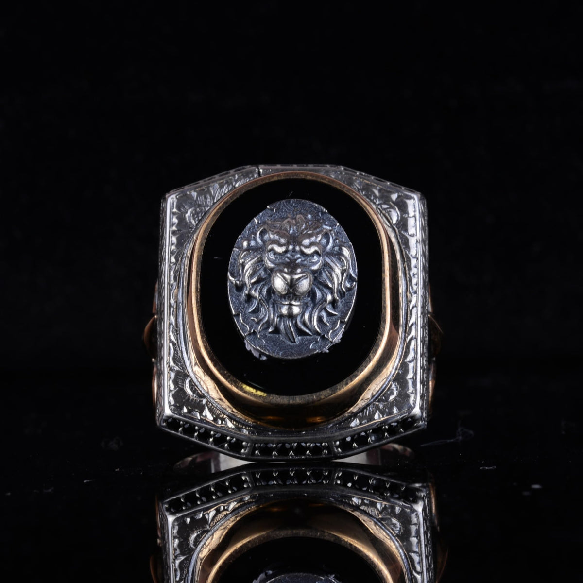 Black Patterned Stone Men's Large Ring – 925 Sterling Silver Design Vintage Statement Face (Model-3) — 4