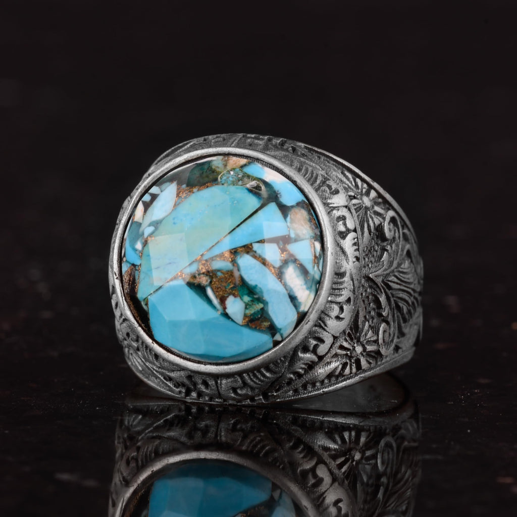 Silver Men's Ring with Natural Turquoise Stone and Detailed Flower Design — 6