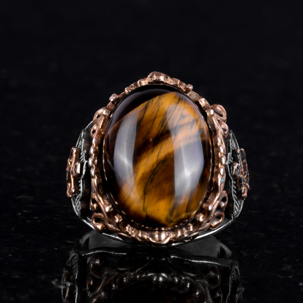 Real Tiger Eye Natural Stone Ring, Anchor Ring, Sailor Men's Ring, 925 Sterling Silver Ring — 5