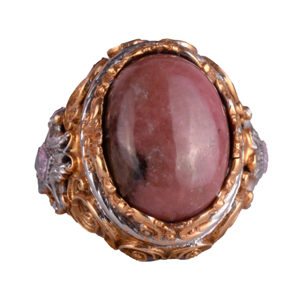 KAMBO Genuine Natural Stone Ring - Men's Sultan Ring - Gold Plated 925 Sterling Silver Ring - Handmade Ring (Rhodonite)