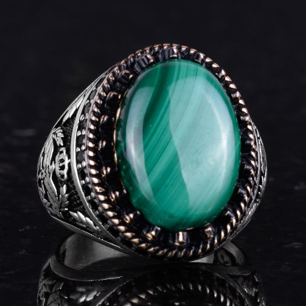 KAMBO Natural Malachite Stone Handmade Eagle Ring - 925 Sterling Silver — 5