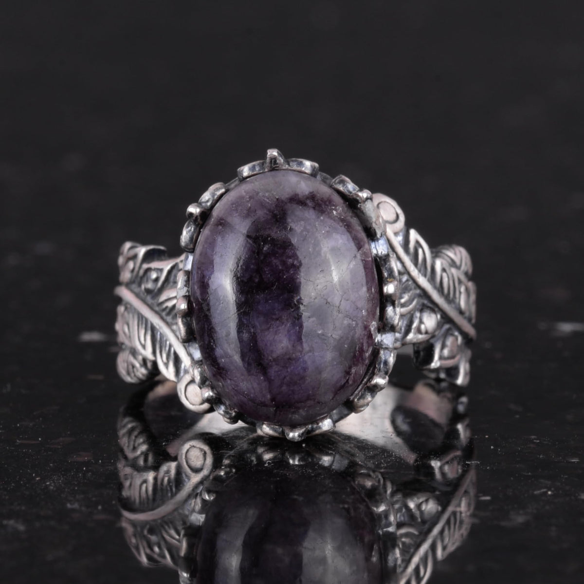 Vintage Bohemian Design Silver Women's Ring with Natural Cabochon Sapphire Stone — 4