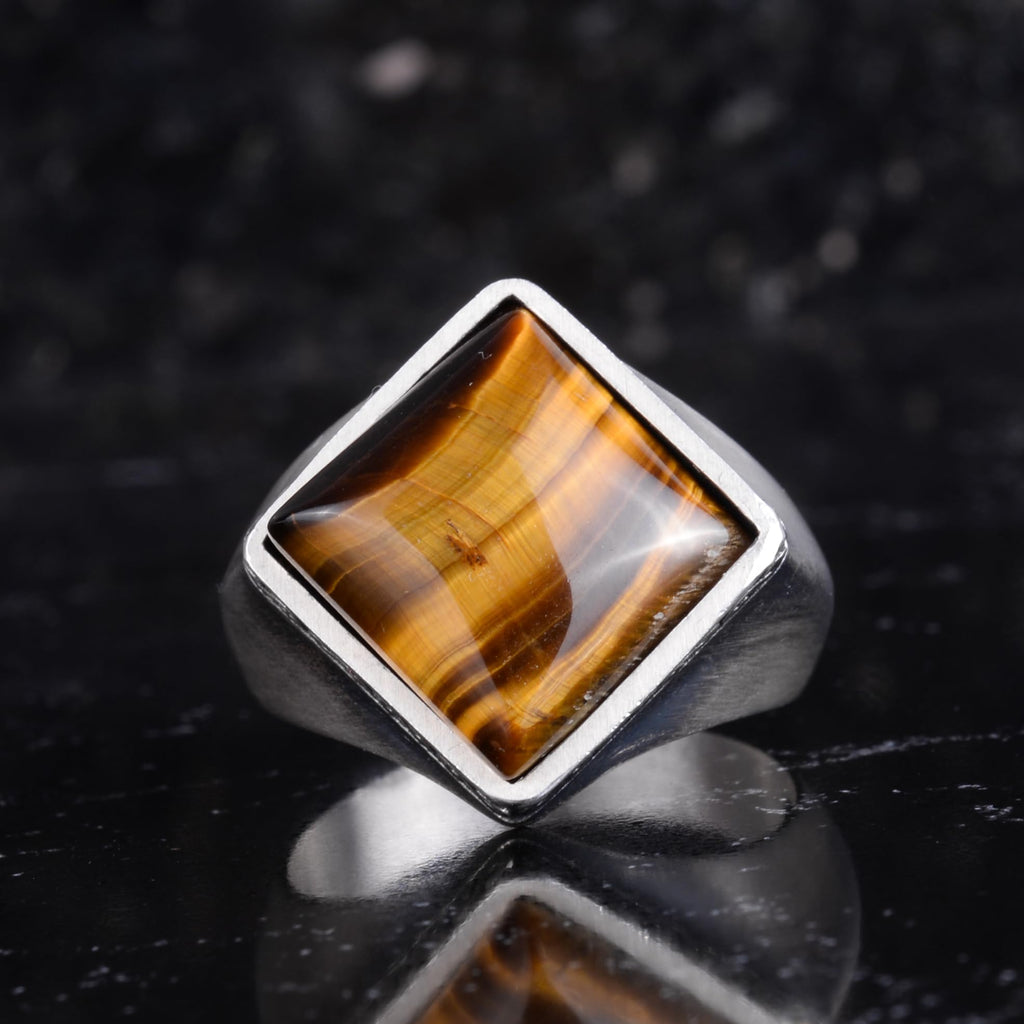 KAMBO Natural Stone Men's Ring 925 Sterling Silver – Square Cut Stone Handmade Minimalist Statement Ring (Tiger's Eye) — 4