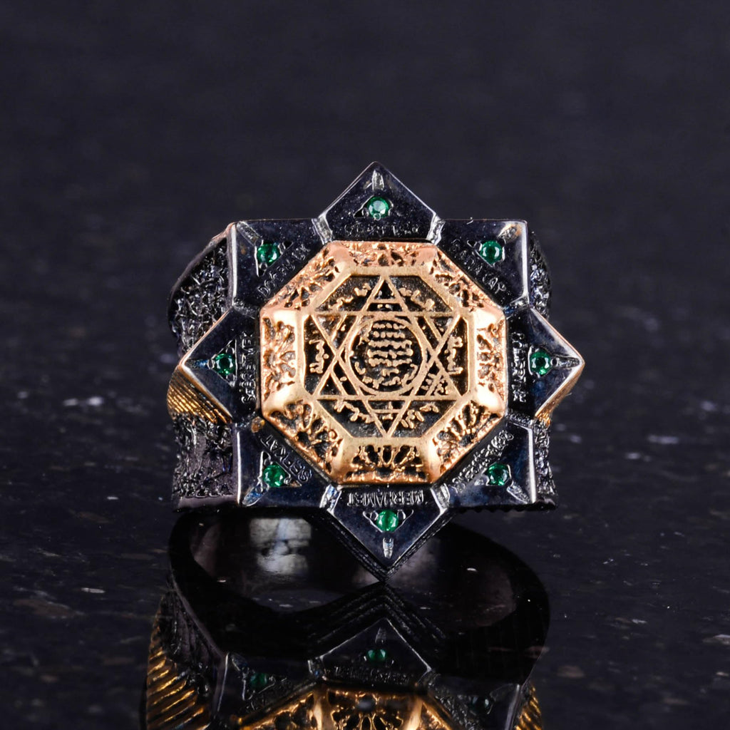 Handmade 925 Sterling Silver Men's Ring - Star of David and Seal of Solomon Design (Green Zircon) — 3