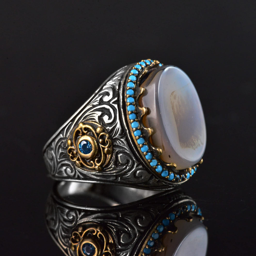 Natural Yemen Agate Stone Ring, Handmade Tugra Design, 925 Sterling Silver Men's Ring — 5