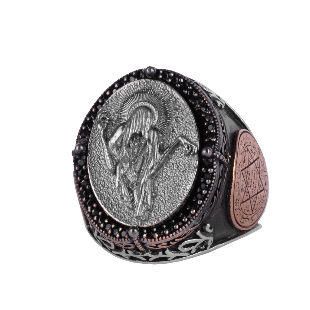 KAMBO Large Men's 925 Sterling Silver Ring – Bronze Star of David Detail – Symbolic Statement Ring (Angel)