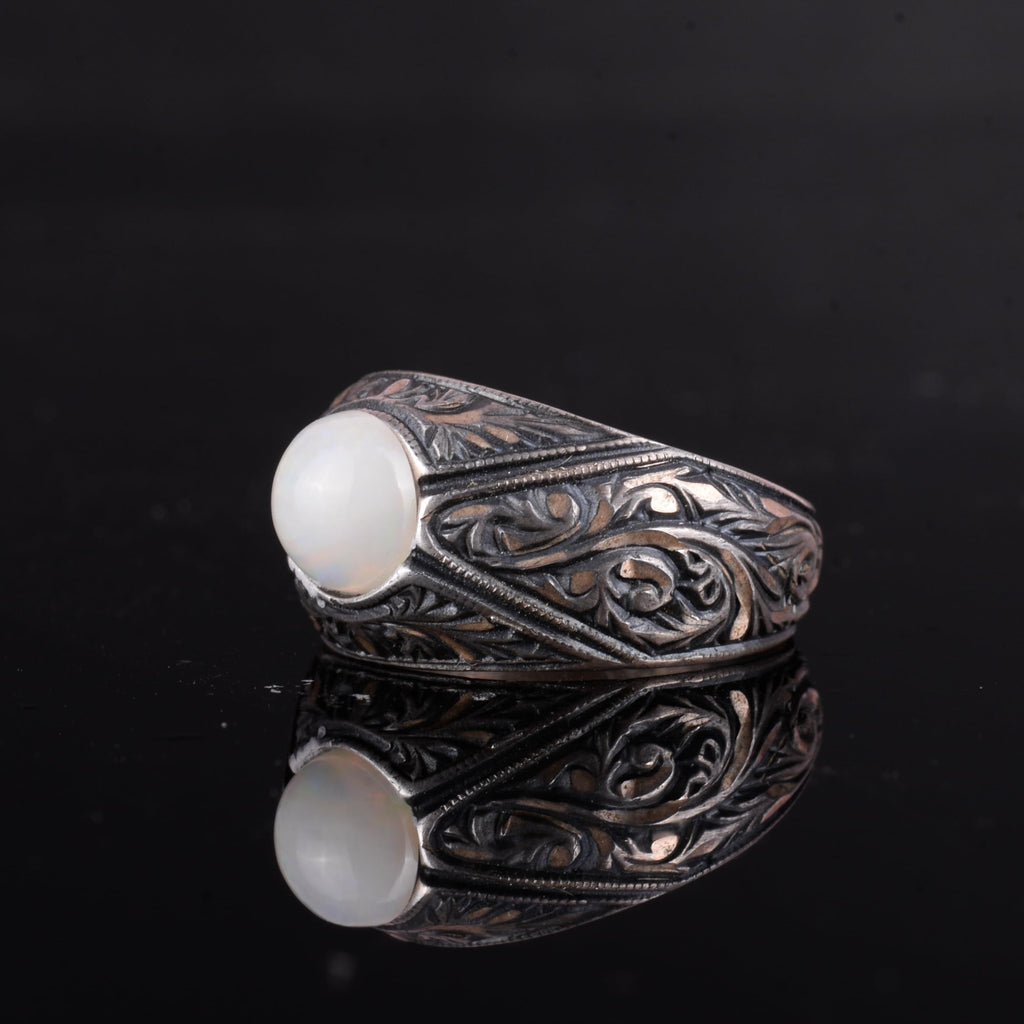 KAMBO Natural Stone Men's Ring – 925 Sterling Silver Minimalist Engraved Band | Handmade Elegant Jewelry (Opal) — 5