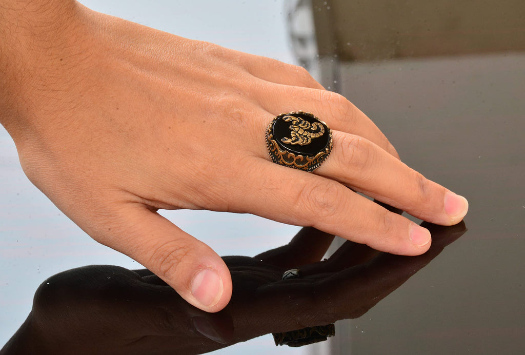 Natural Obsidian Stone Ring - 925 Sterling Silver Ring - Stamp Ring (Scorpion) — 6