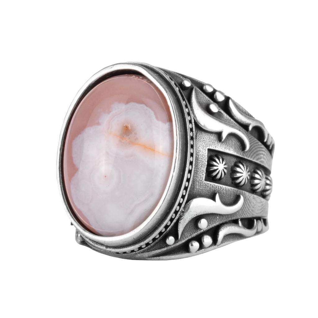 KAMBO Men's Natural Agate Ring – 925 Sterling Silver Flower Pattern Ring – Men's Handmade Vintage Style Statement Ring (Agate-9)