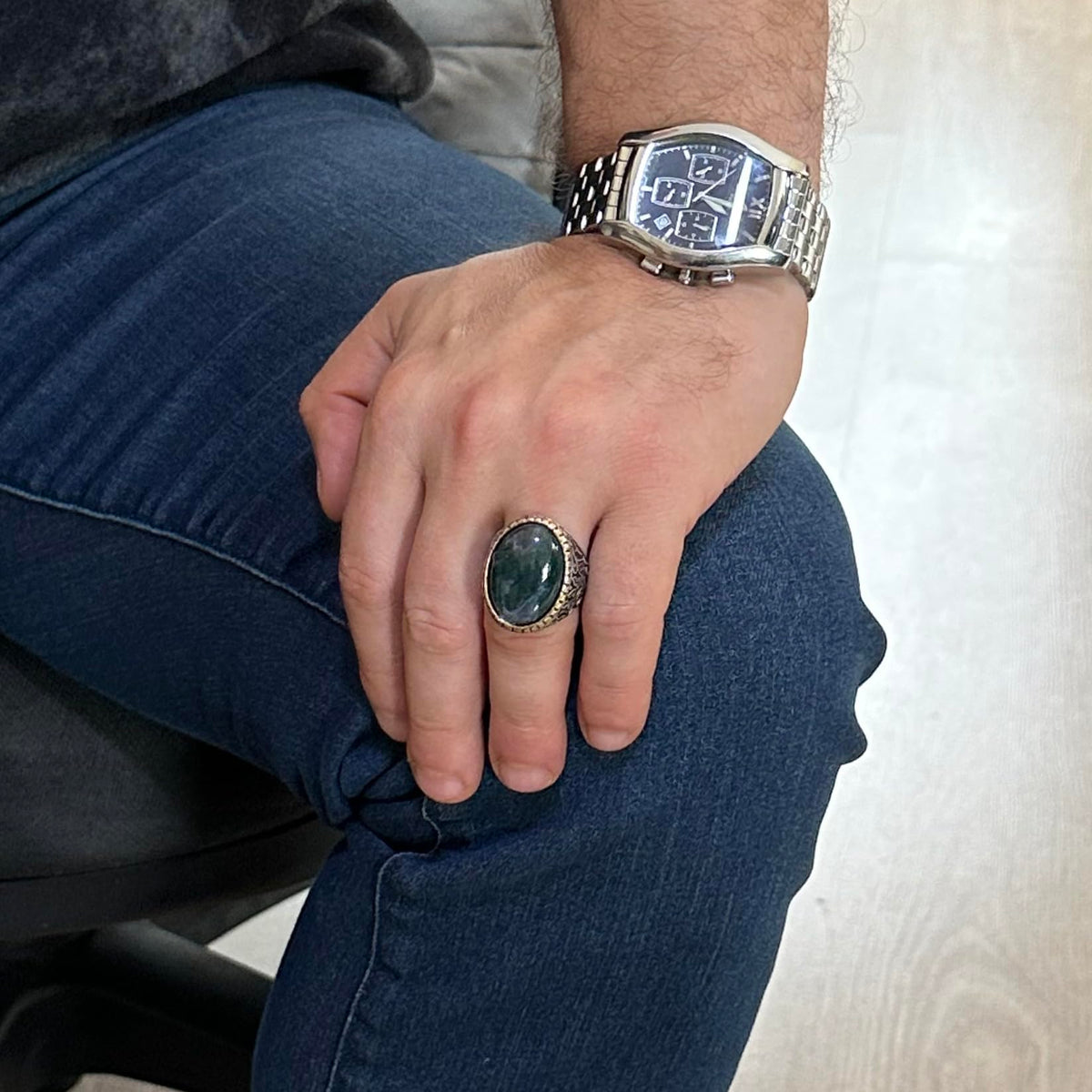 Moss Agate Natural Stone Ring, 925 Sterling Silver Men's Ring — 3
