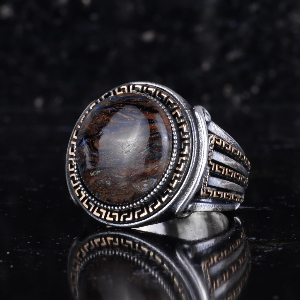 KAMBO Stone Round Men's Ring 925 Sterling Silver – Cabochon Handmade Vintage Greek Pattern Statement Ring (Pietersite) — 5