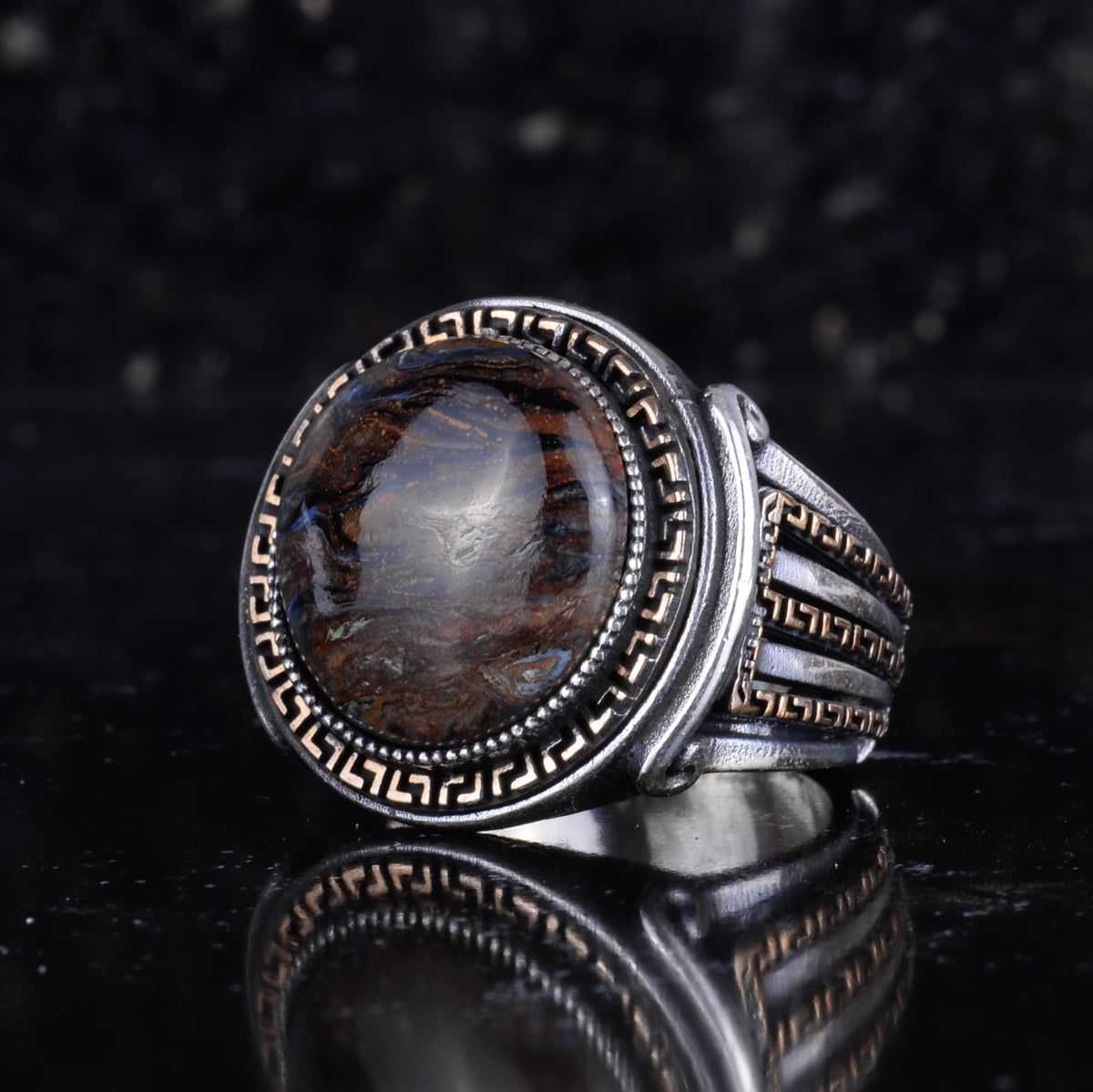 KAMBO Stone Round Men's Ring 925 Sterling Silver – Cabochon Handmade Vintage Greek Pattern Statement Ring (Pietersite) — 5