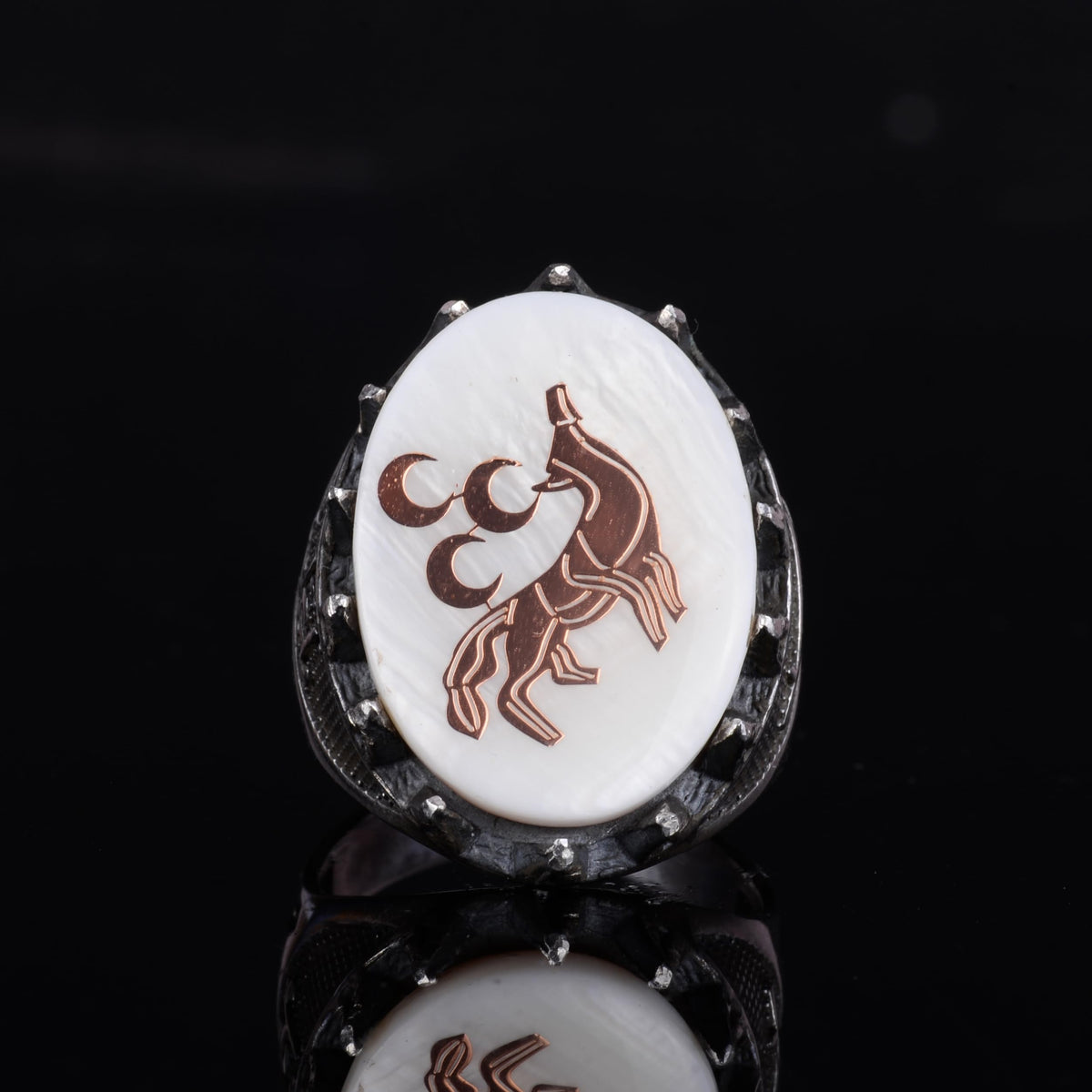KAMBO 925 Sterling Silver Natural Pearl Men's Ring – Handmade Seljuk Wolf Symbol Statement Ring — 4