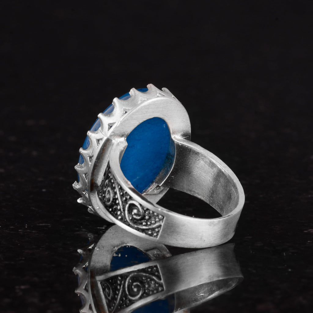 Kambo Real Natural Stone Ring - 925 Sterling Silver Large Handcrafted Ring (Blue Agate) — 7