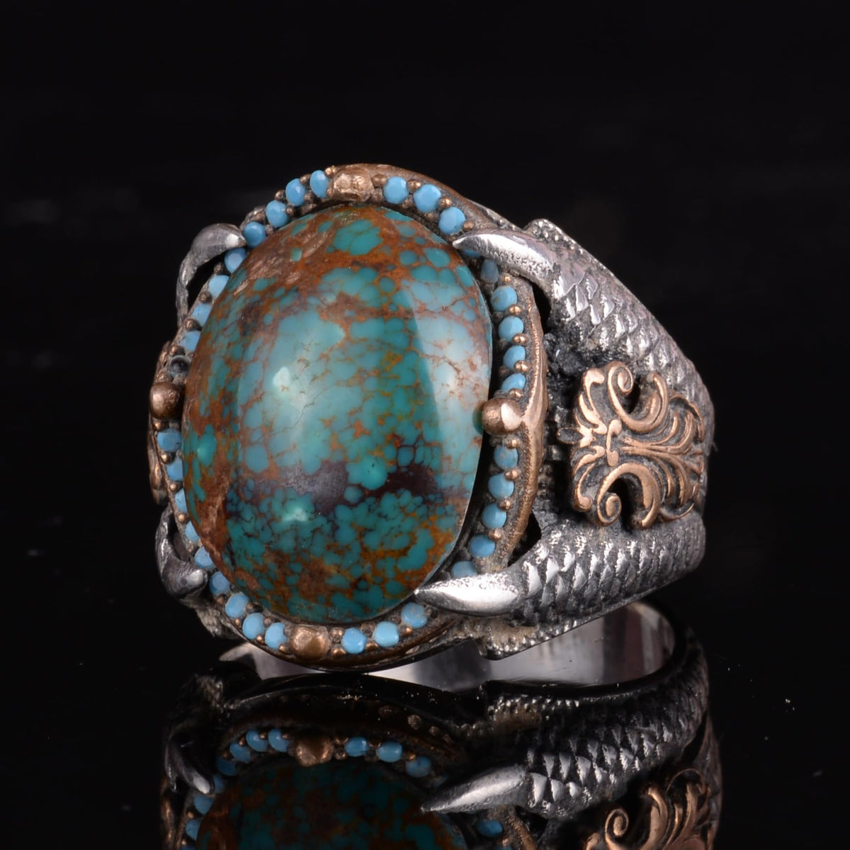 KAMBO Raw Turquoise Oval Stone Claw Setting – Bronze Detailed Silver Artisan Men's Statement Accessory (C) — 5