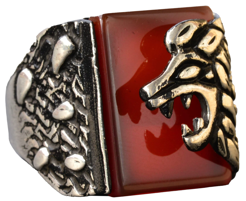 Natural Red Agate Stone Lion Head Ring - Silver Men's Ring
