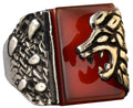 Natural Red Agate Stone Lion Head Ring - Silver Men's Ring