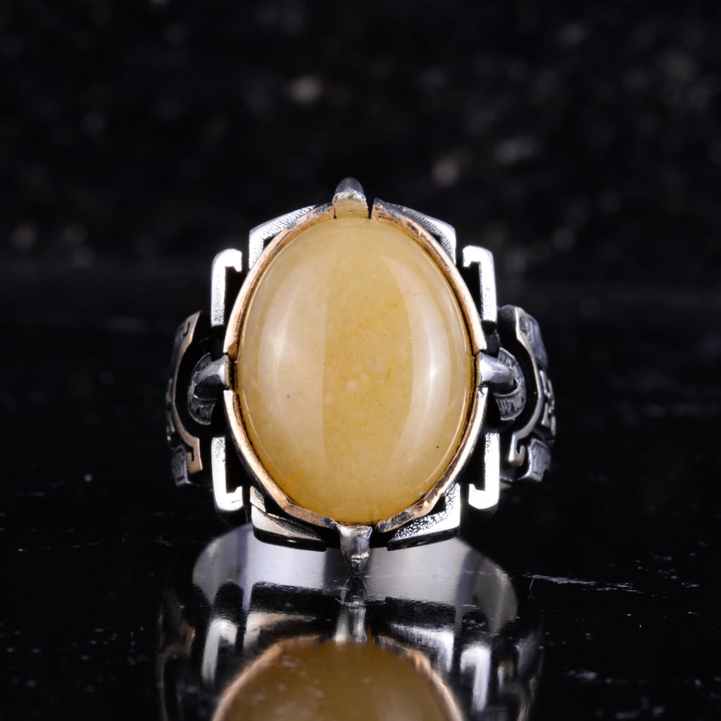 KAMBO Natural Stone Ring 925 Sterling Silver – Handmade Men's Statement Ring Healing Jewelry (Yellow Agate) — 4
