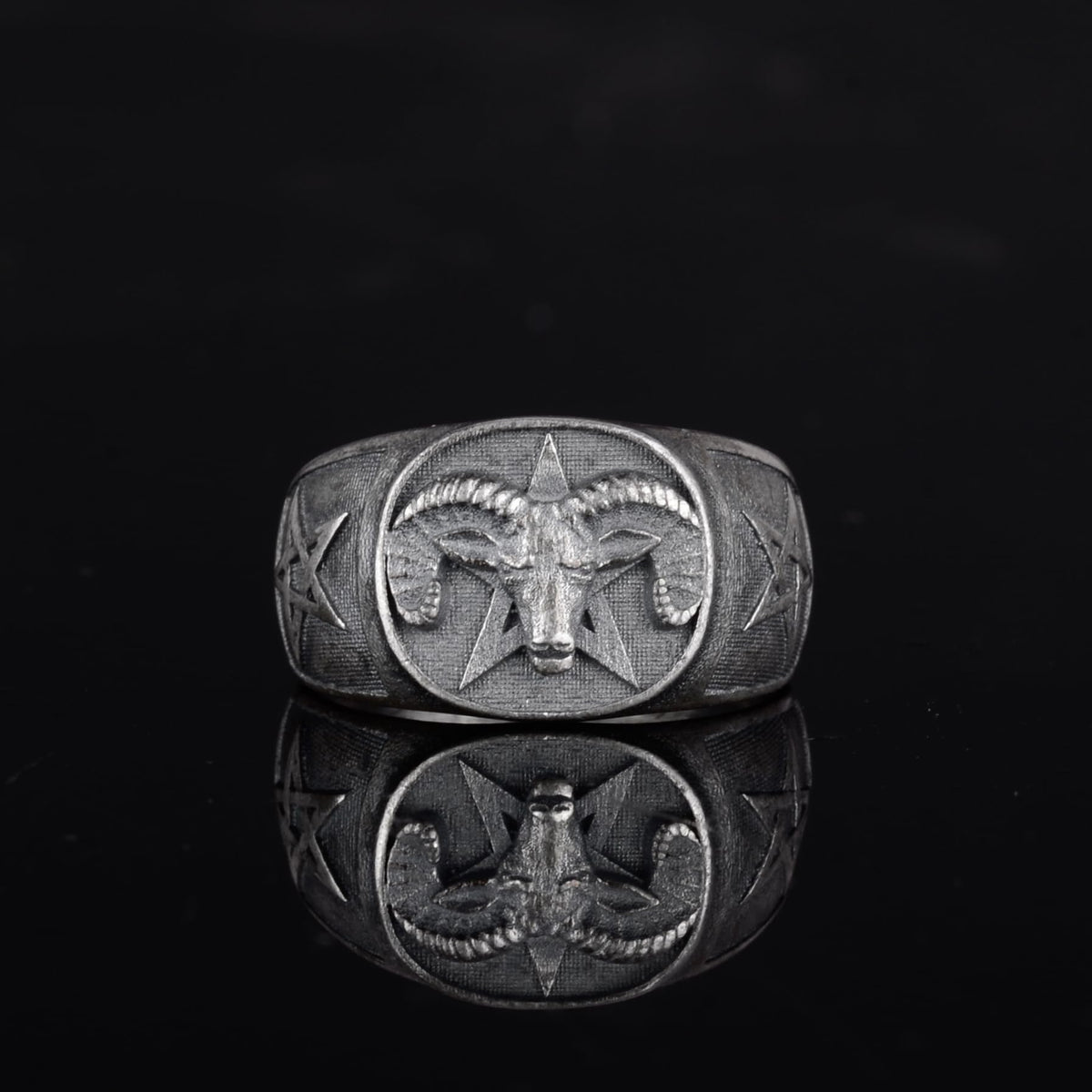 KAMBO 925 Sterling Silver Ram Head Ring – Handmade Men's Statement Ring – Star Designed Ram Symbol – Dark Silver Jewelry — 4