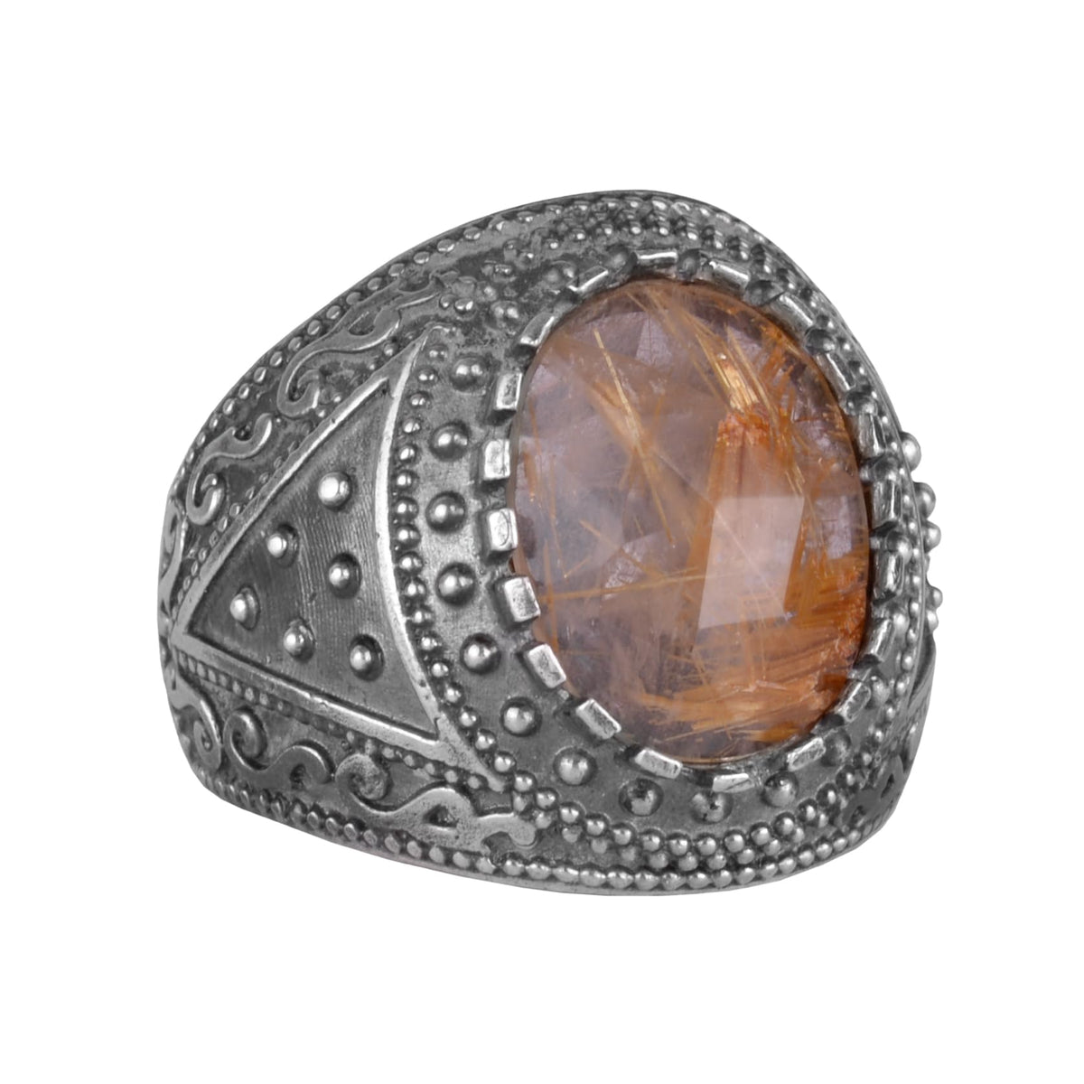 Natural Stone Ring, 925 Sterling Silver Men's Ring (Rutilated Quartz)
