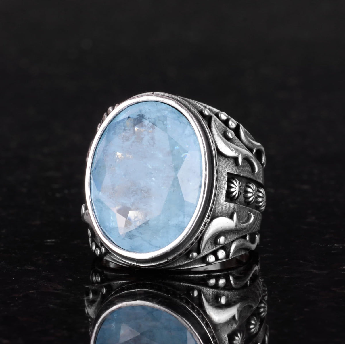 KAMBO Created Stone Ring, 925 Sterling Silver Ring, Designer Silver Men's Ring (Light Blue Paraiba Arranged Stone) — 4