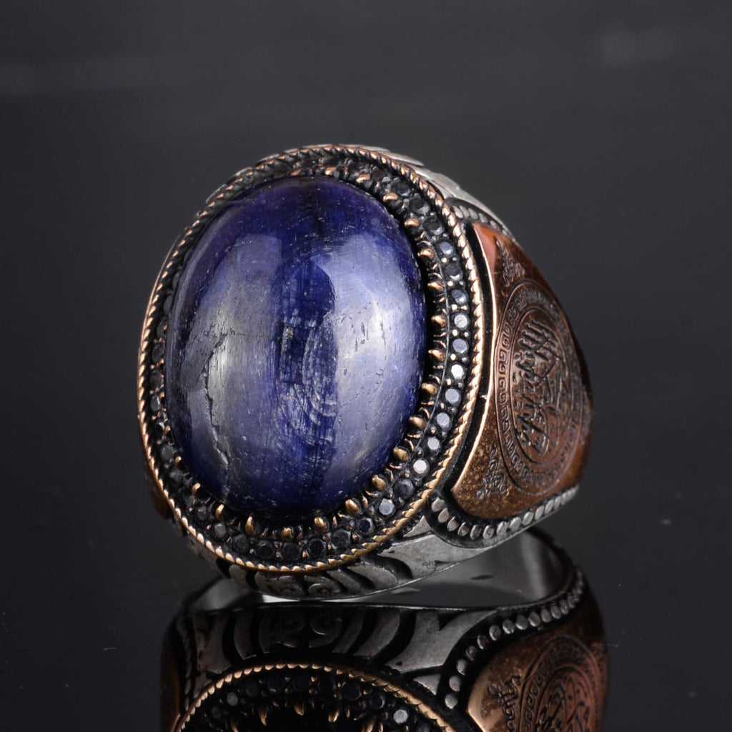 KAMBO Men's Natural Stone Ring – 925 Sterling Silver Arabic Calligraphy Ottoman Style Ring – Handmade Islamic Jewelry (Blue Sapphire) — 5