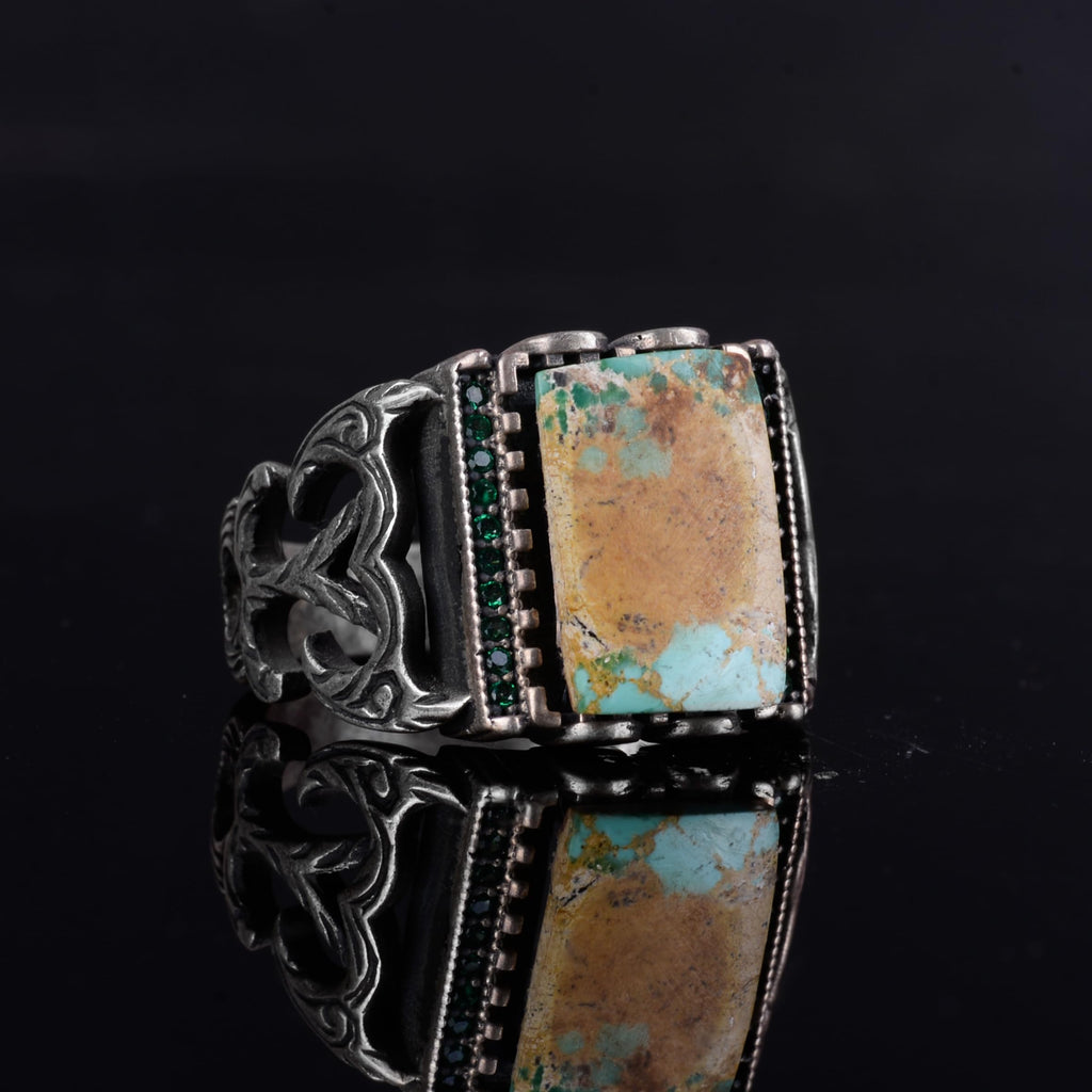 KAMBO Natural Arizona Turquoise 925 Sterling Silver Men's Ring – Rectangular Stone Ottoman Style Engraved Design (Style-1) — 5