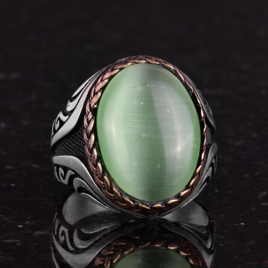 925 Sterling Silver Ring - Artificial Stone Silver Ring - Handmade Ring (Light Green Cat's Eye) — 5
