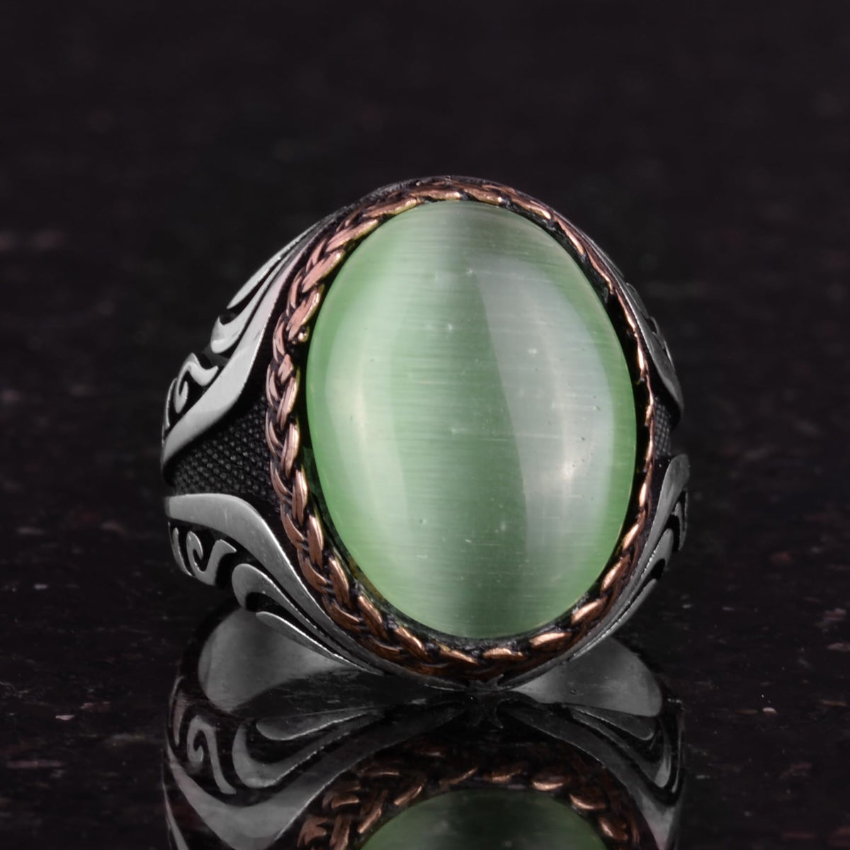 925 Sterling Silver Ring - Artificial Stone Silver Ring - Handmade Ring (Light Green Cat's Eye) — 5