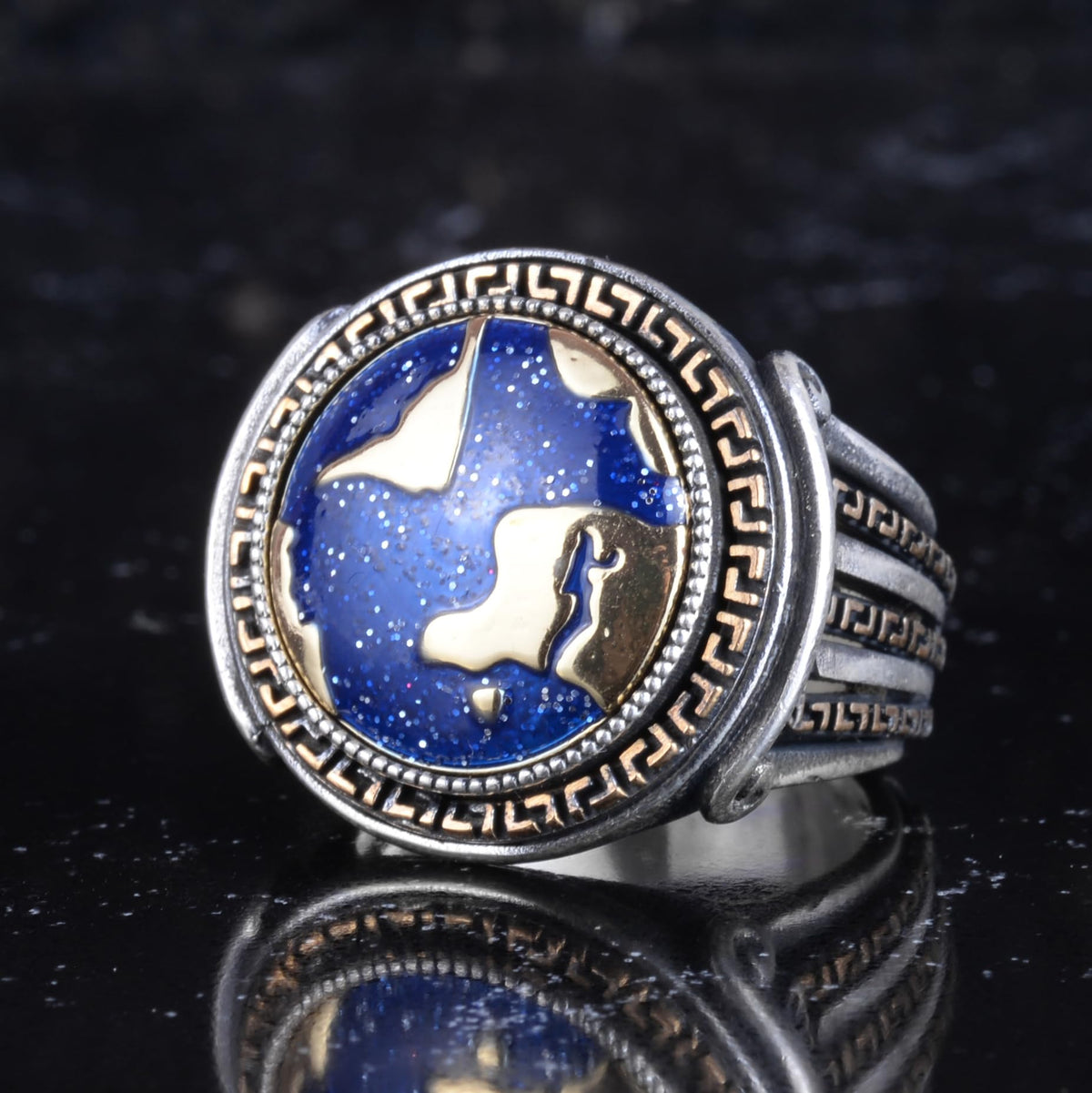 KAMBO World Map Men's Ring with Bronze Details 925 Sterling Silver Blue Enamel Globe Design Handmade Statement Ring — 5